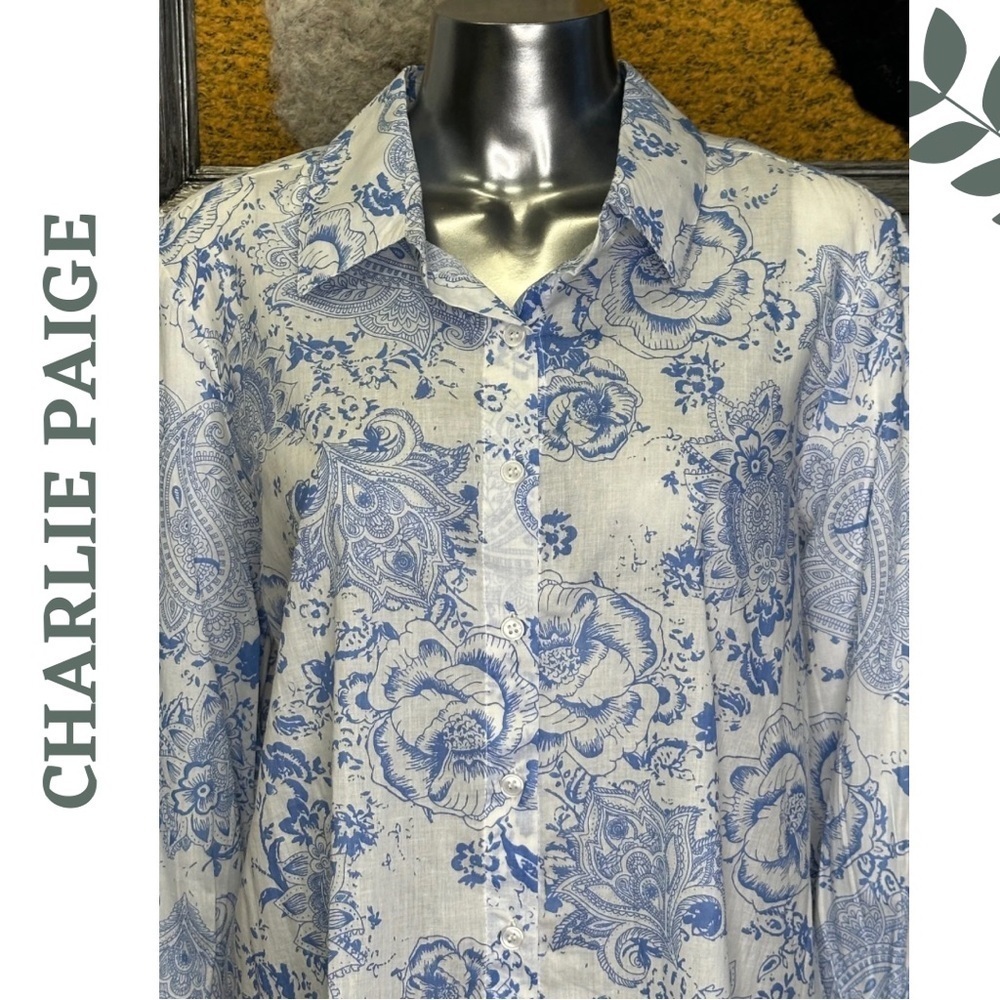 Charlie Paige Blue Paisley Cotton Blouse Medium NWT - Picture 6 of 9